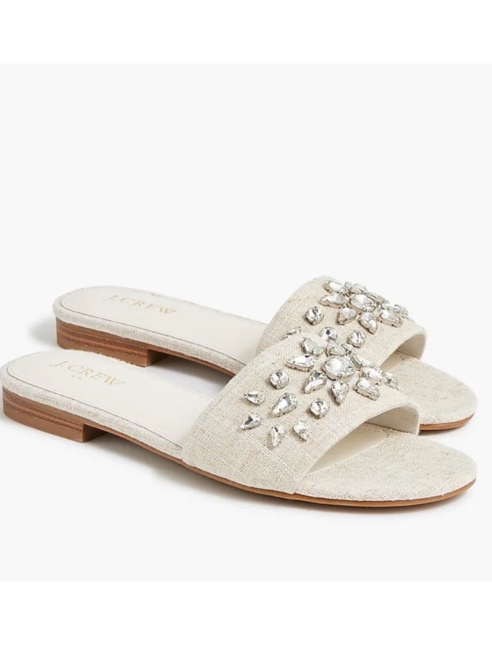 J. Crew Natural Linen Slide Sandals with Crystal Embellishment